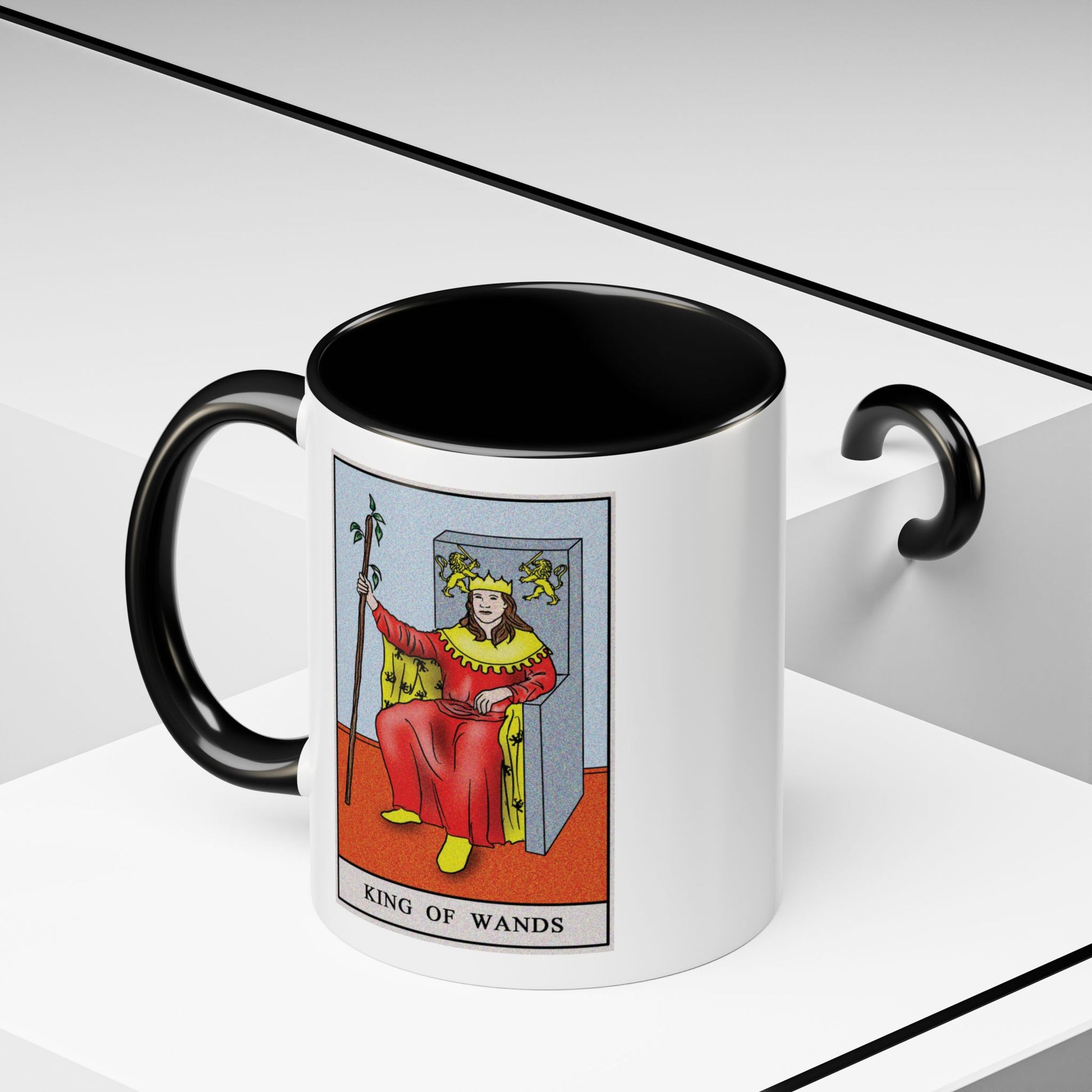 King of Wands Tarot Card Coffee Mug - Double Sided Print, Black Accent White Ceramic, 11oz by TheGlassyLass.com