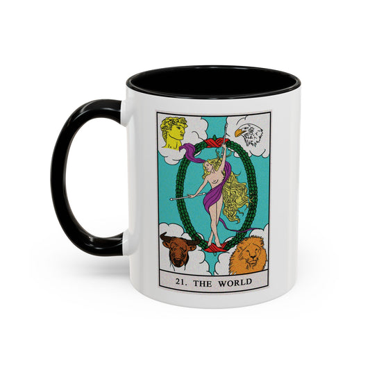 The World Tarot Card Coffee Mug - Double Sided Print, Black Accent White Ceramic, 11oz by TheGlassyLass.com
