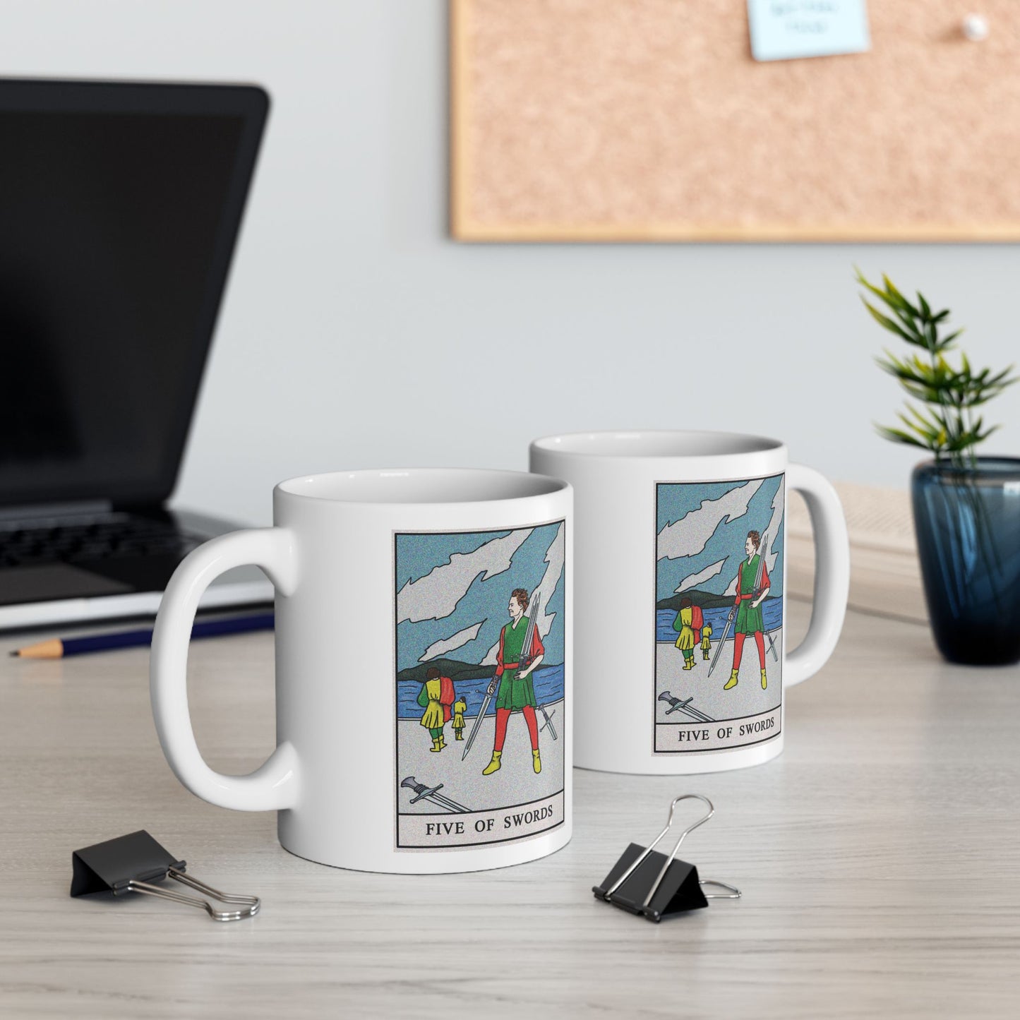 Five of Swords Tarot Card Coffee Mug - Double Sided Print, White Ceramic, 11oz by TheGlassyLass.com
