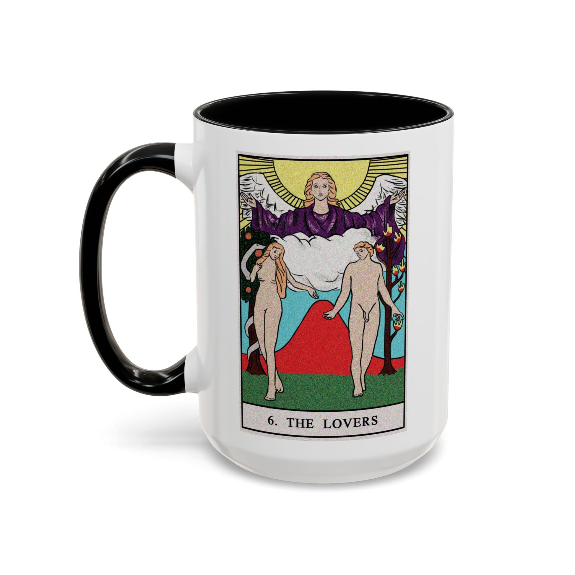The Lovers Tarot Card Coffee Mug - Double Sided Black Accent White Ceramic 15oz by TheGlassyLass.com