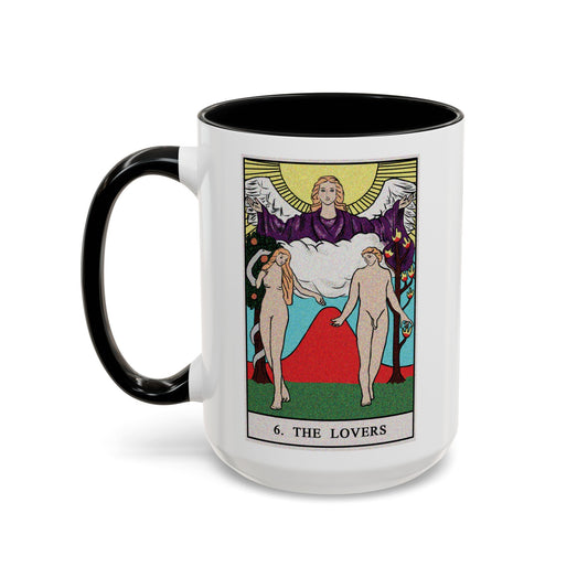 The Lovers Tarot Card Coffee Mug - Double Sided Black Accent White Ceramic 15oz by TheGlassyLass.com