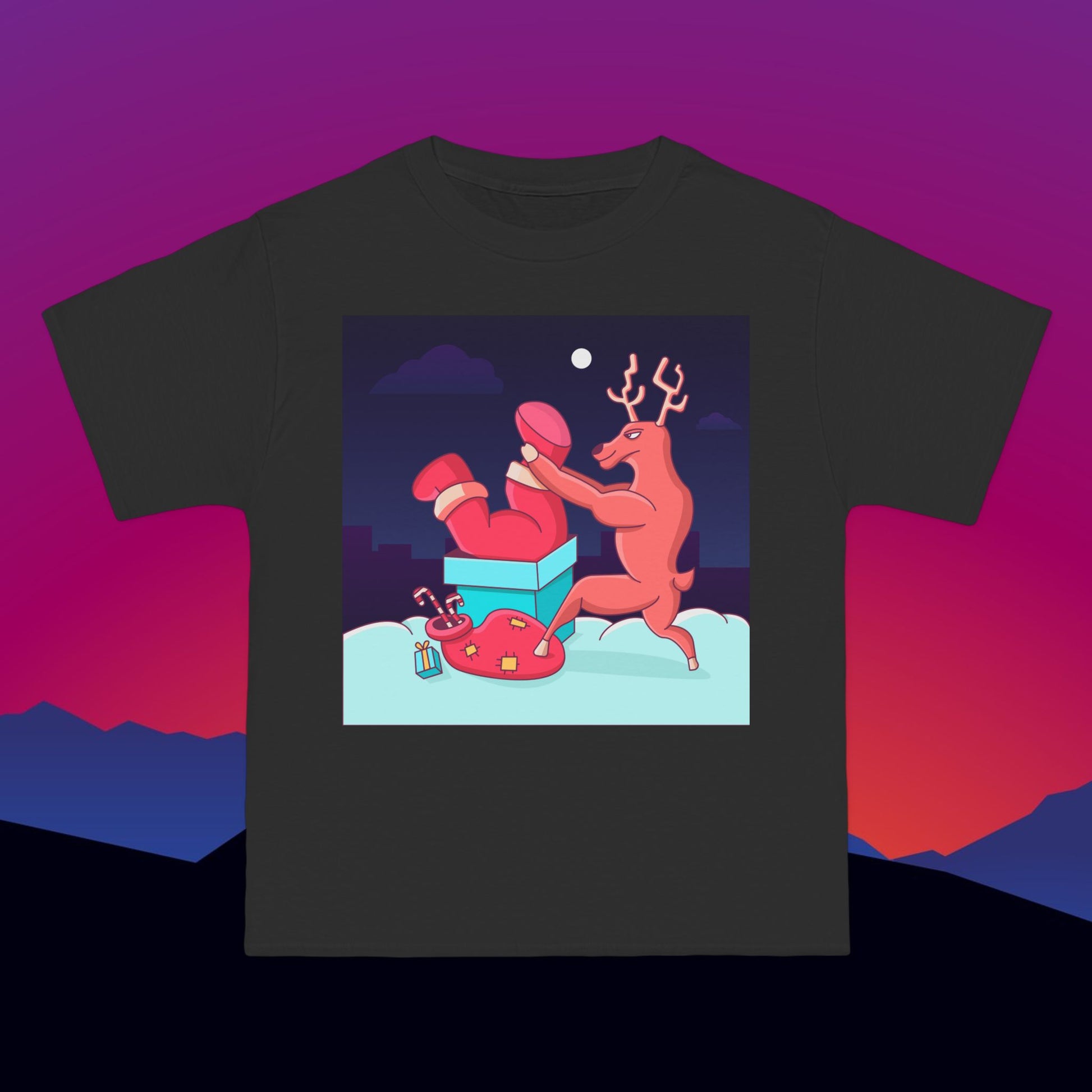 Stuck Santa Christmas T-Shirt: (Hanes Beefy-T 100% Preshrunk Cotton Custom Printed by TheGlassyLass.com