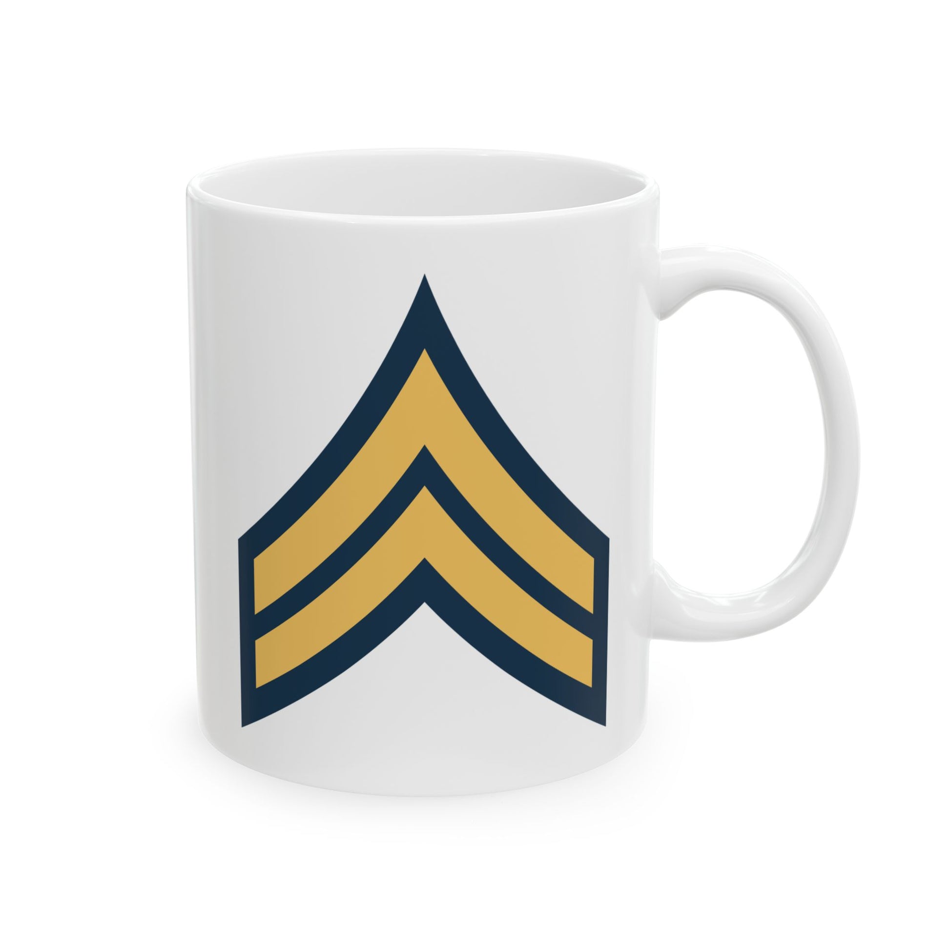 US Army Corporal (E-4) Stripes Coffee Mug - Double Sided Print, White Ceramic, 11oz by TheGlassyLass.com