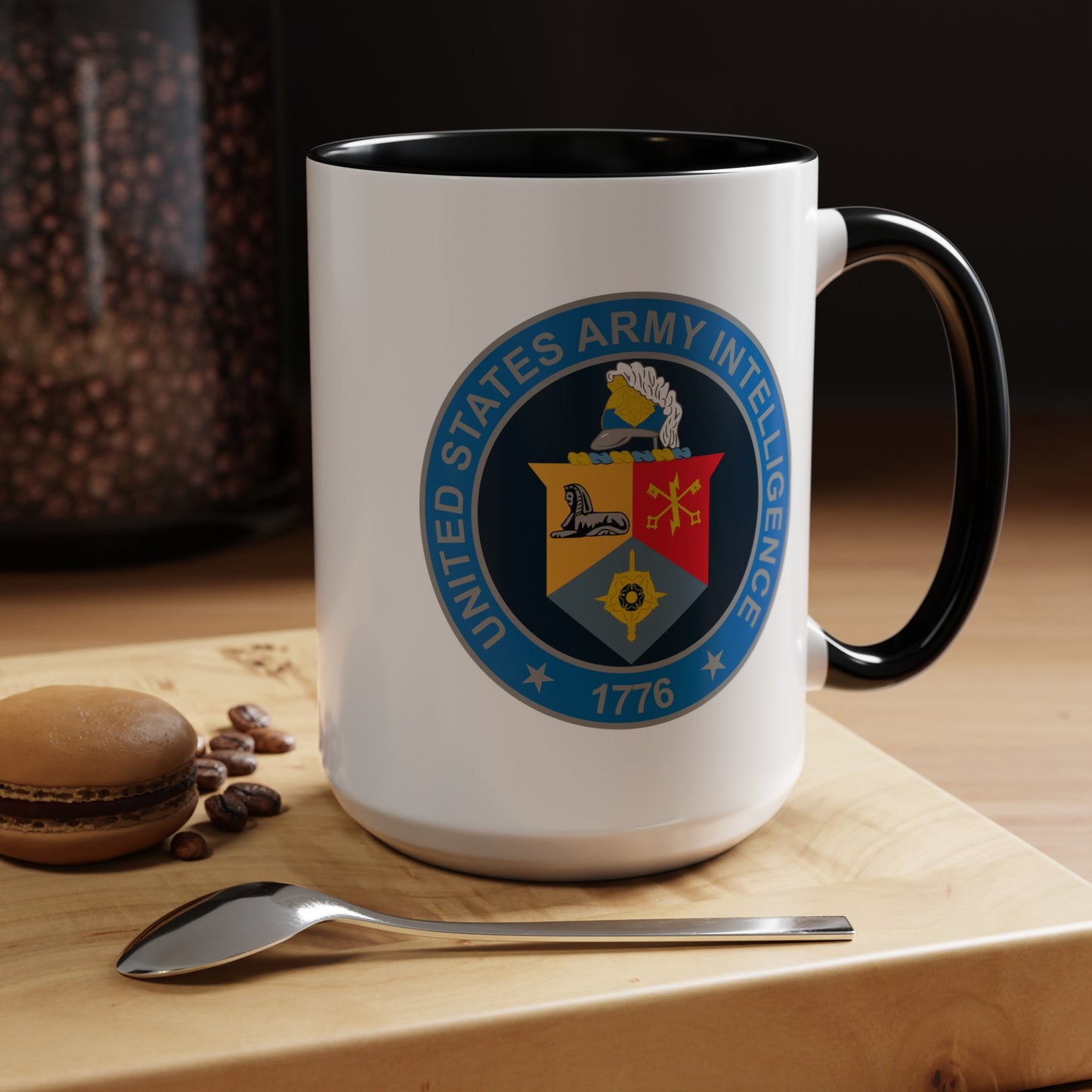 United States Army Intelligence Coffee Mug - Double Sided Black Accent White Ceramic 15oz by TheGlassyLass.com