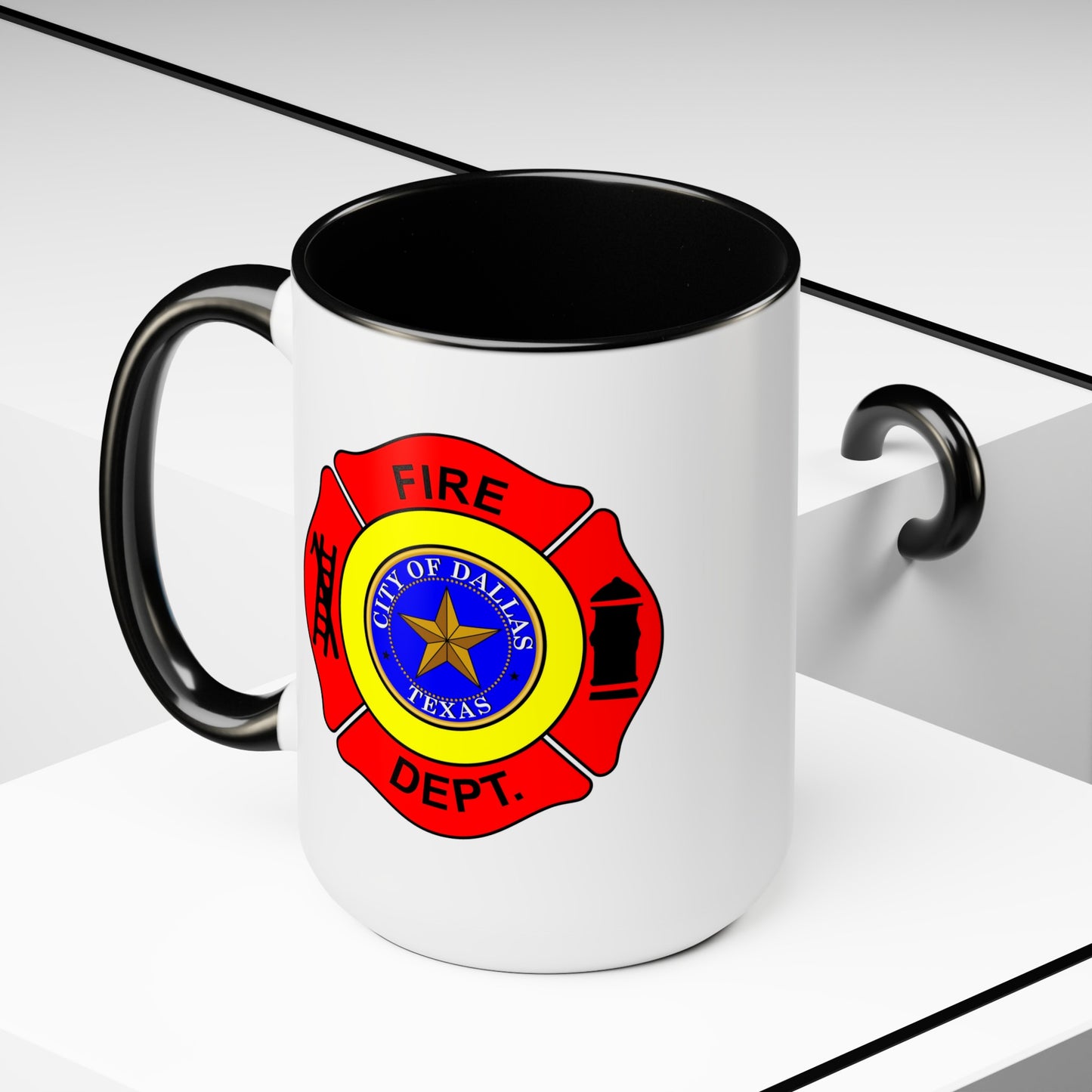 Dallas Fire Department Coffee Mug - Double Sided Print Black Accent White Ceramic 15oz by TheGlassyLass.com