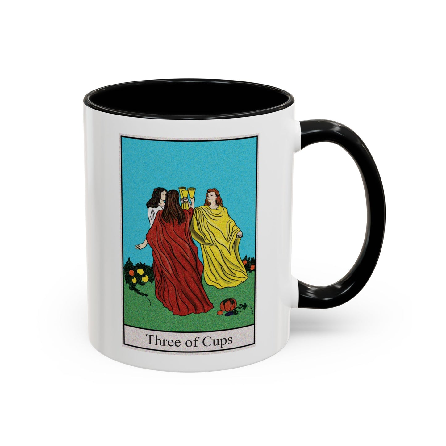 Three of Cups Tarot Card Coffee Mug - Double Sided Print, Black Accent White Ceramic, 11oz by TheGlassyLass
