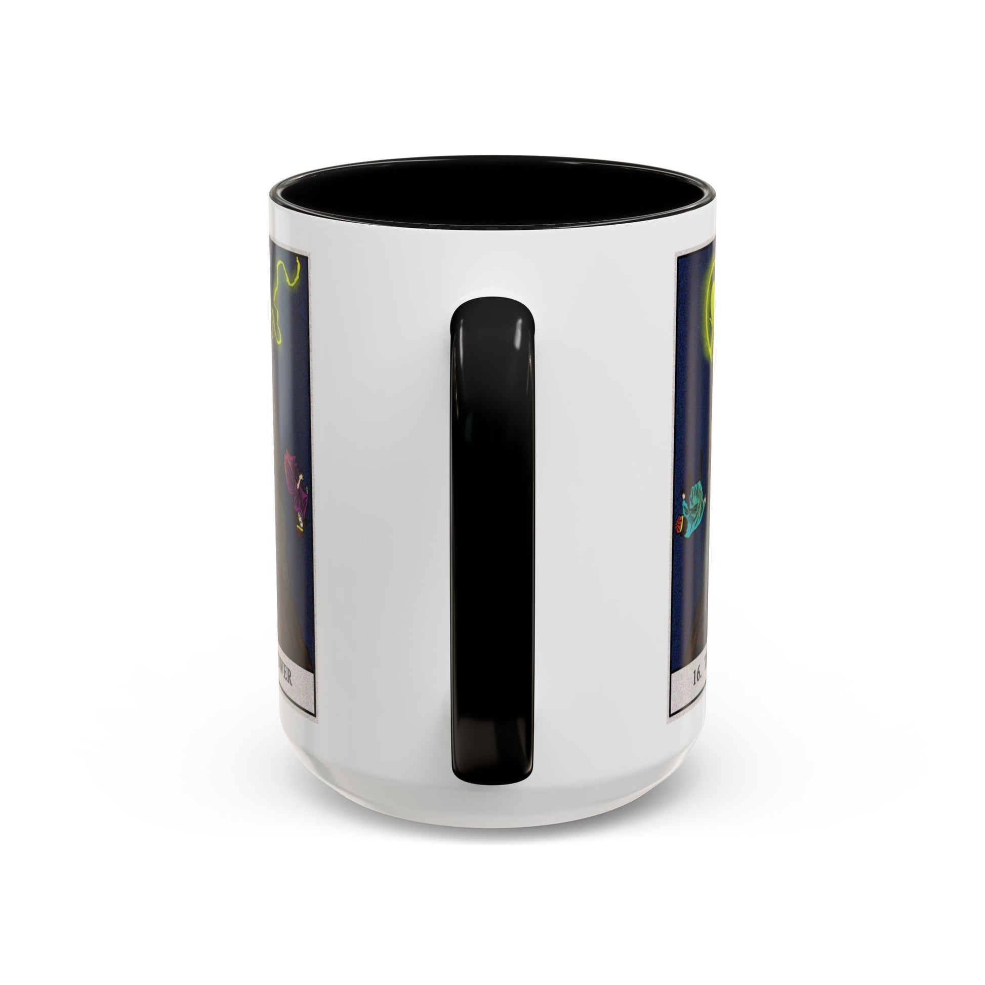 The Tower Tarot Card Coffee Mug - Double Sided Black Accent White Ceramic 15oz by TheGlassyLass.com