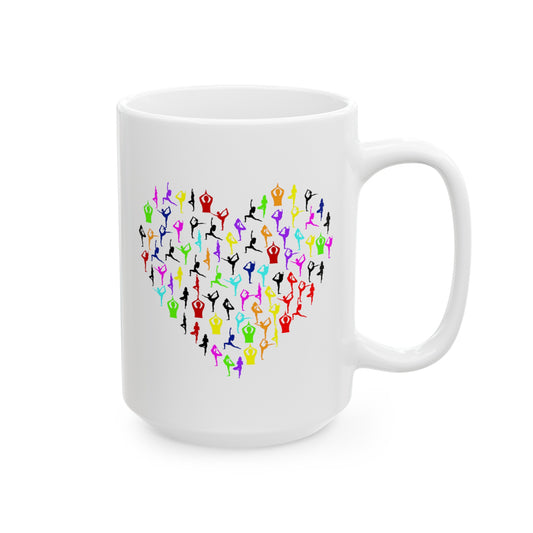 Rainbow Heart Yoga Coffee Mug - Double Sided Black Accent White Ceramic 15oz by TheGlassyLass.com
