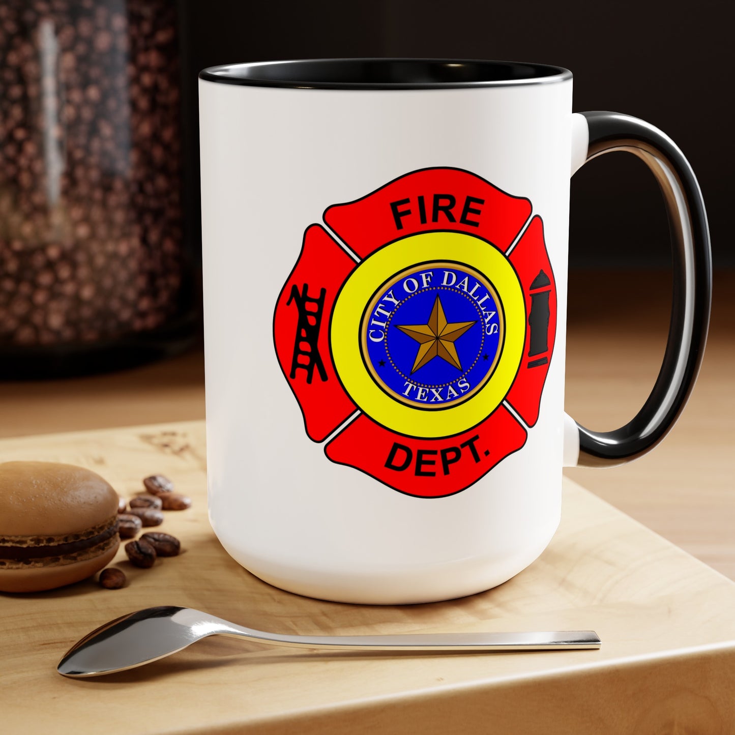 Dallas Fire Department Coffee Mug - Double Sided Print Black Accent White Ceramic 15oz by TheGlassyLass.com