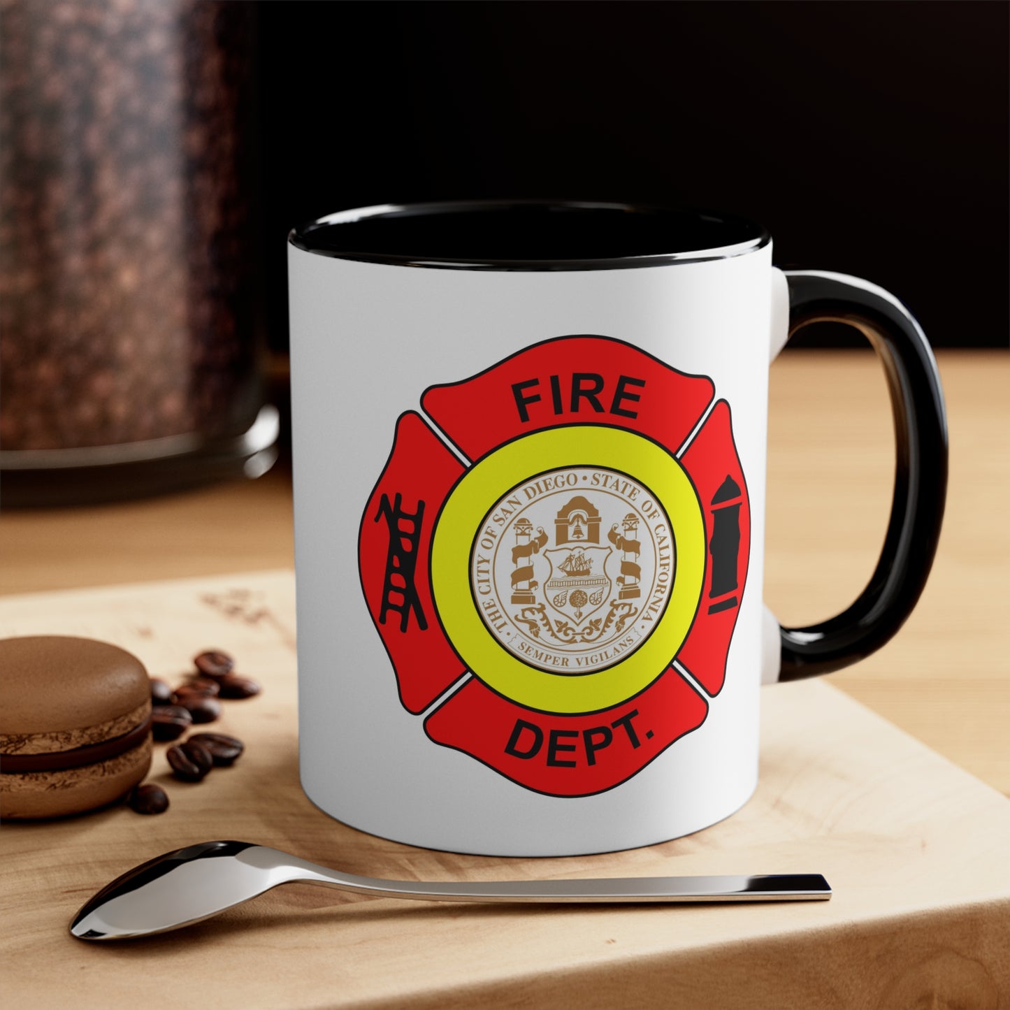 San Diego Fire Department Coffee Mug - Double Sided Black Accent White Ceramic 11oz by TheGlassyLass.com
