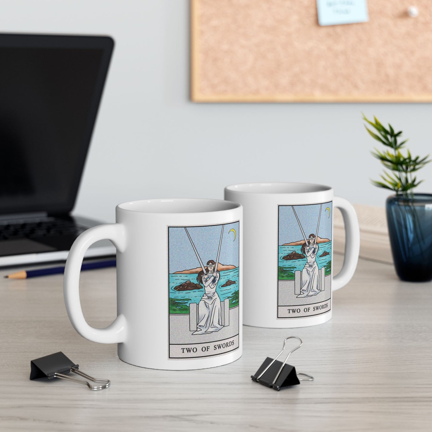 Two of Swords Tarot Card Coffee Mug - Double Sided Print, White Ceramic, 11oz by TheGlassyLass.com