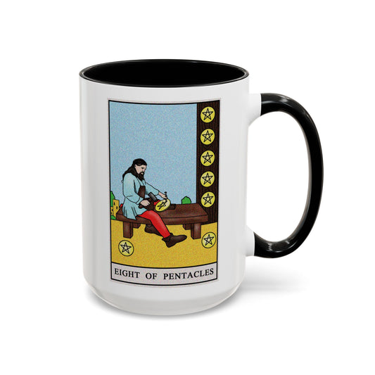 Eight of Pentacles Tarot Card Coffee Mug - Double Sided Black Accent White Ceramic 15oz by TheGlassyLass.com