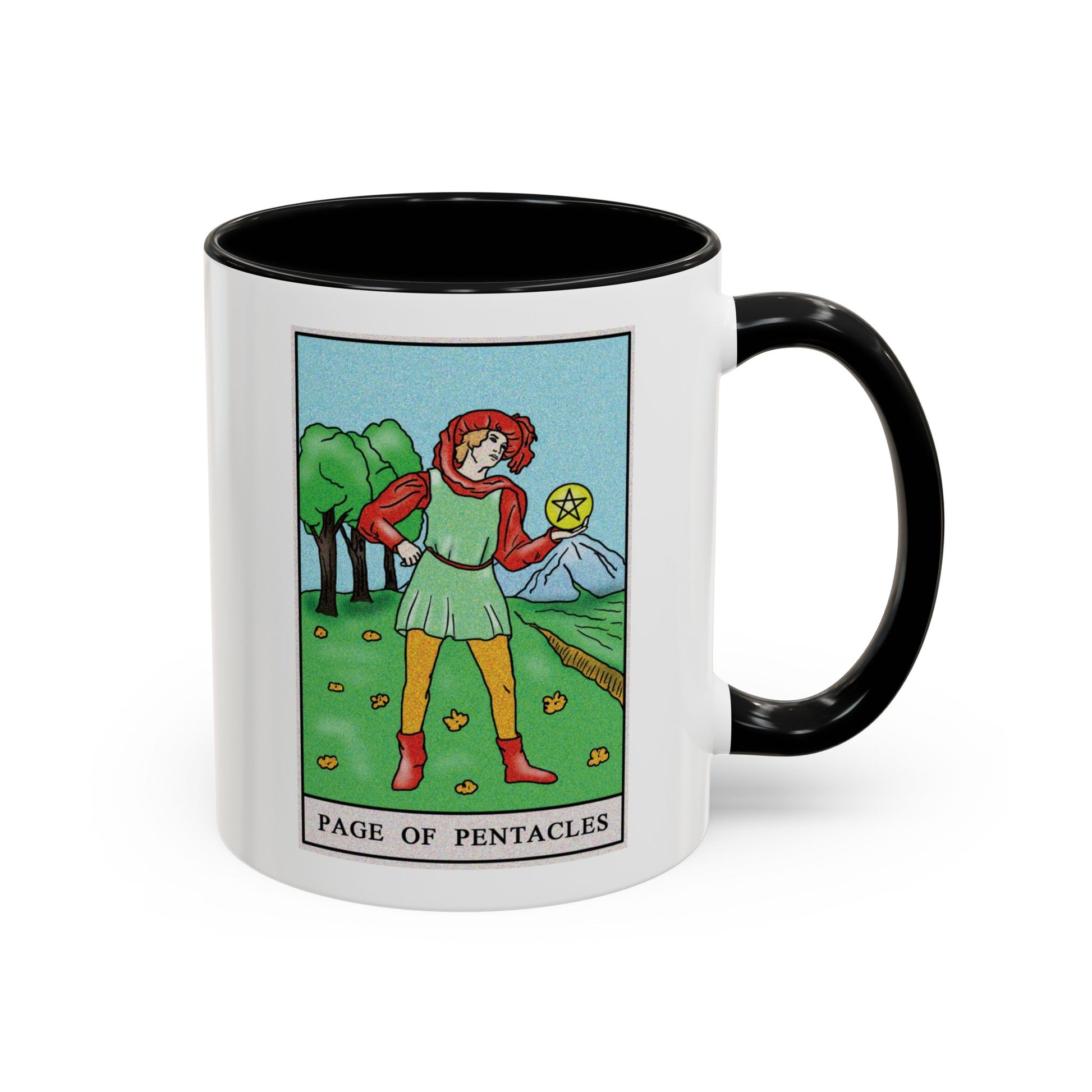 Page of Pentacles Tarot Card Coffee Mug - Double Sided Print, Black Accent White Ceramic, 11oz by TheGlassyLass.com