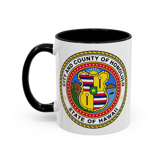 Honolulu City / County Seal Coffee Mug - Double Sided Print, Black Accent White Ceramic, 11oz by TheGlassyLass.com