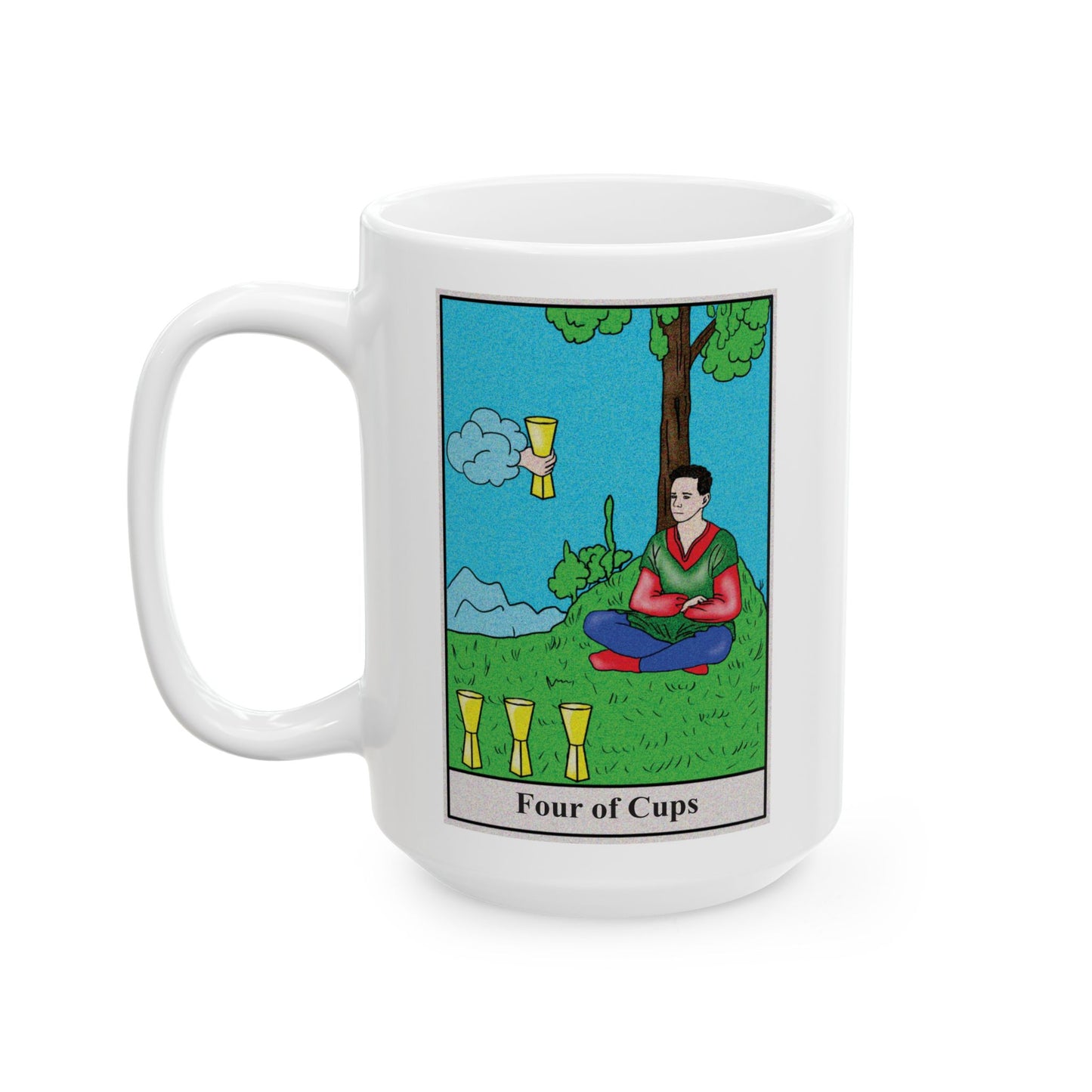 Four of Cups Tarot Card Coffee Mug - Double Sided White Ceramic 15oz by TheGlassyLass.com