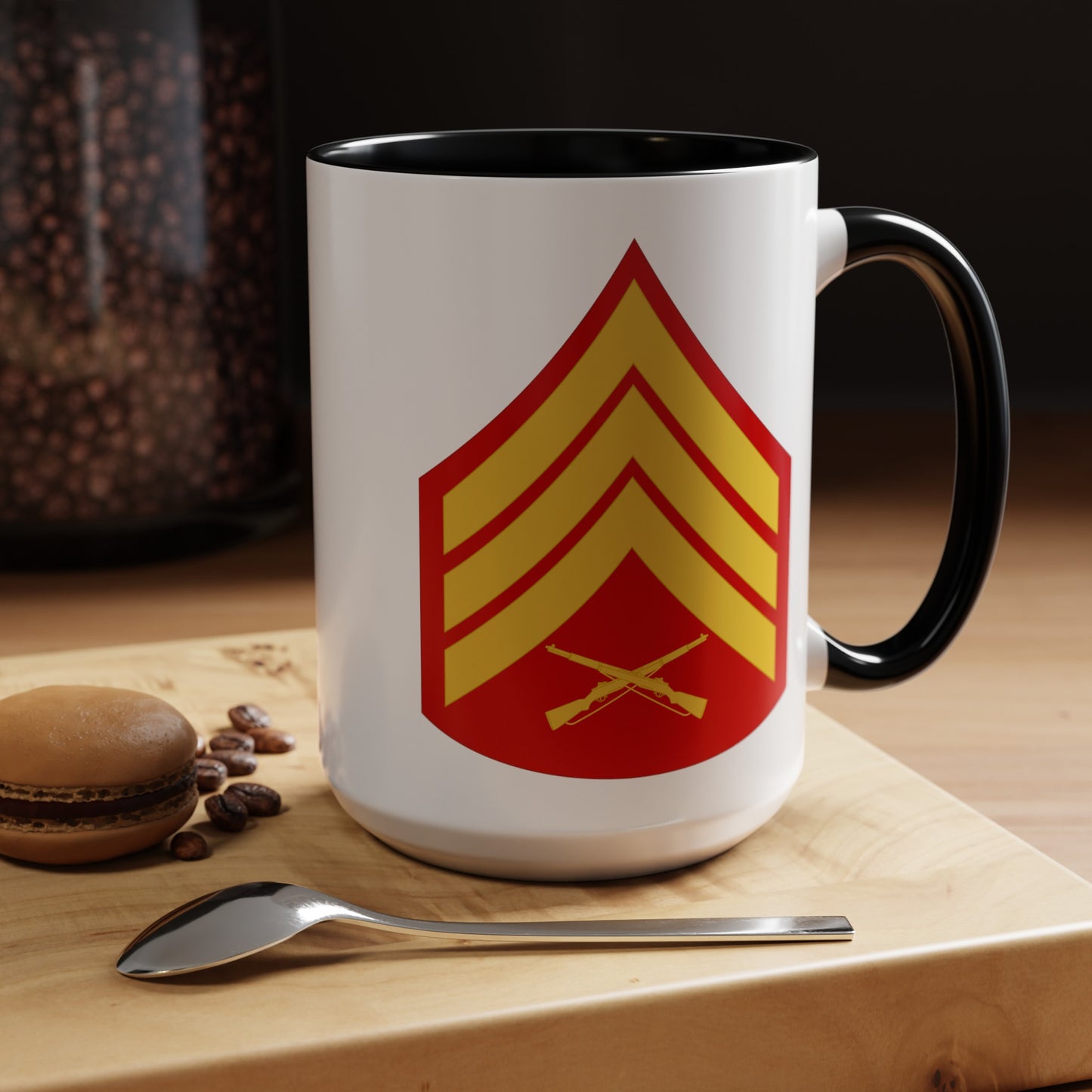 United States Marine Corps Sergeant (E-5) Chevron Coffee Mug - Double Sided Black Accent White Ceramic 15oz - by TheGlassyLass