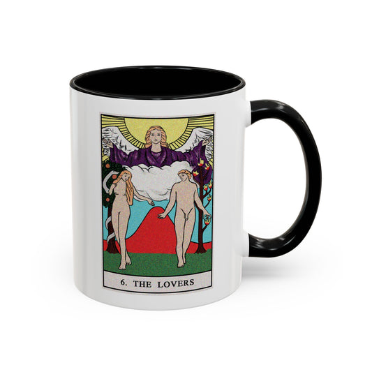 The Lovers Tarot Card Coffee Mug - Double Sided Print, Black Accent White Ceramic, 11oz by TheGlassyLass.com