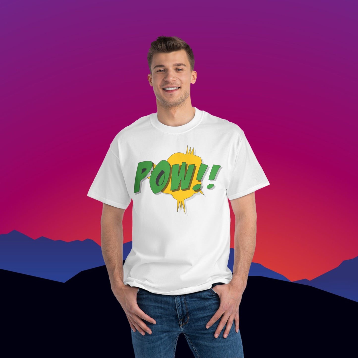 SuperHero POW T-Shirt: (Hanes Beefy-T 100% Preshrunk Cotton) Custom Printed by TheGlassyLass.com