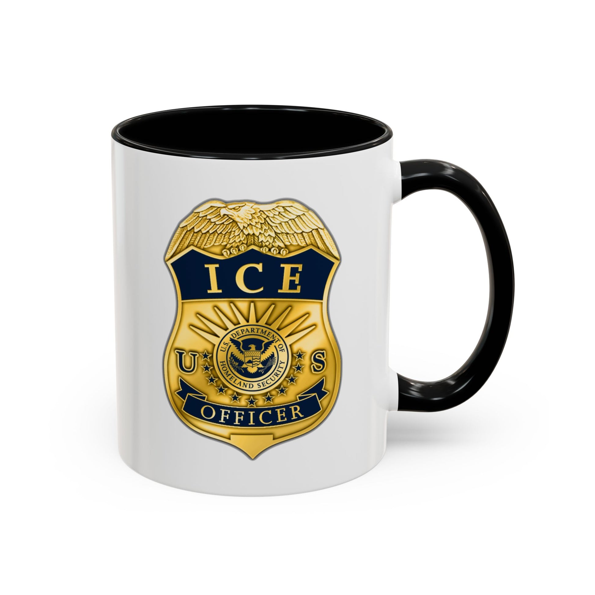 ICE Immigration and Customs Enforcement Badge Coffee Mug - Double Sided Black Accent White Ceramic 11oz by TheGlassyLass.com