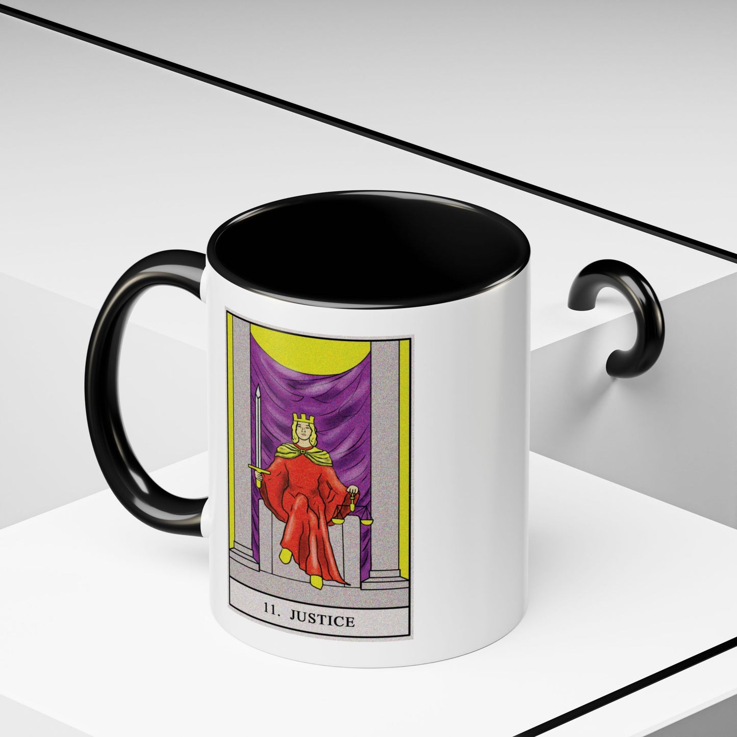 Justice Tarot Card Coffee Mug - Double Sided Print, Black Accent White Ceramic, 11oz by TheGlassyLass.com