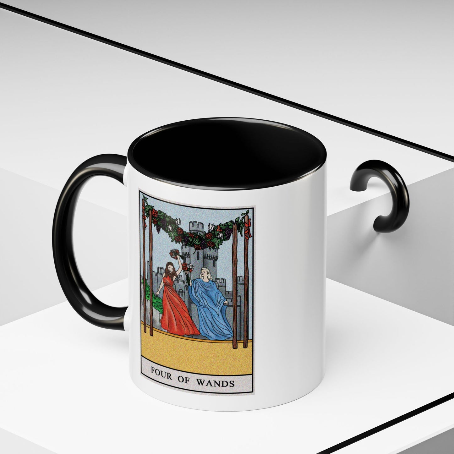 Four of Wands Tarot Card Coffee Mug - Double Sided Print, Black Accent White Ceramic, 11oz by TheGlassyLass.com