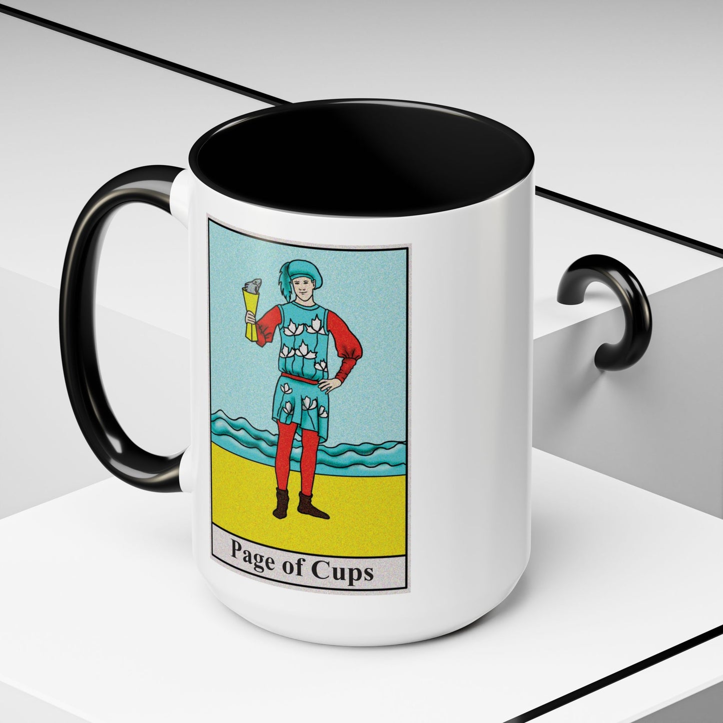 Page of Cups Tarot Card Coffee Mug - Double Sided Black Accent White Ceramic 15oz by TheGlassyLass.com