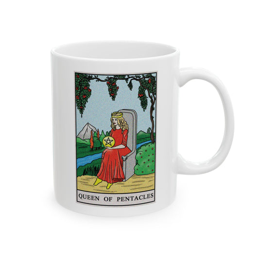 Queen of Pentacles Tarot Card Coffee Mug - Double Sided Print, White Ceramic, 11oz by TheGlassyLass.com