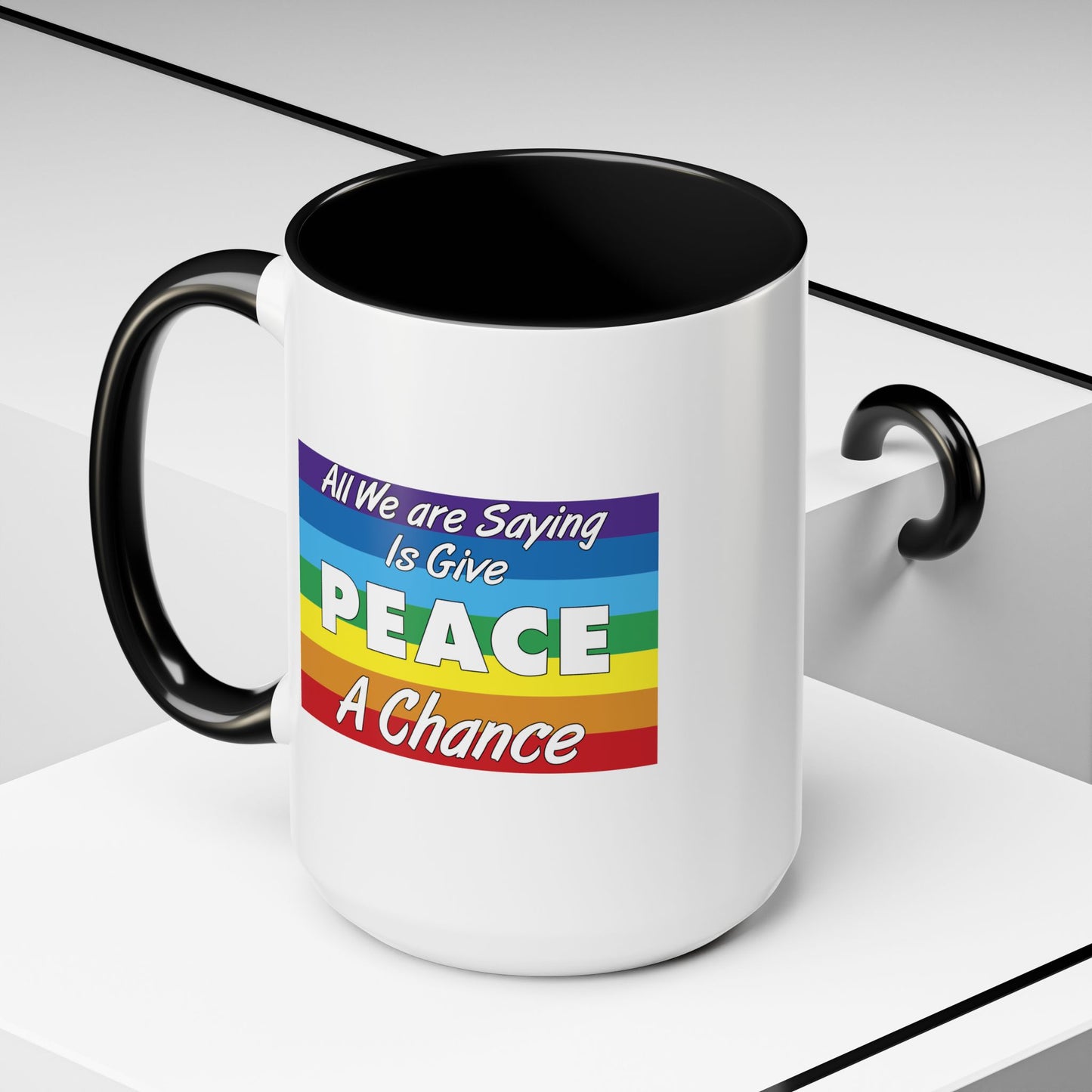 Give Peace a Chance Flag Coffee Mug - Double Sided Black Accent White Ceramic 15oz by TheGlassyLass.com