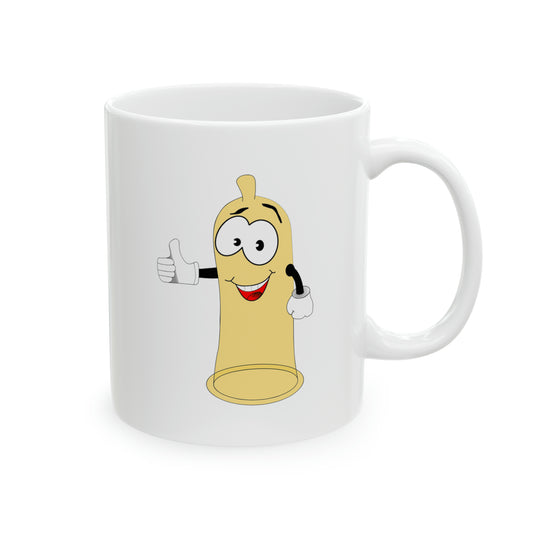 Condom Man Coffee Mug - Double Sided White Ceramic 11oz by TheGlassyLass.com