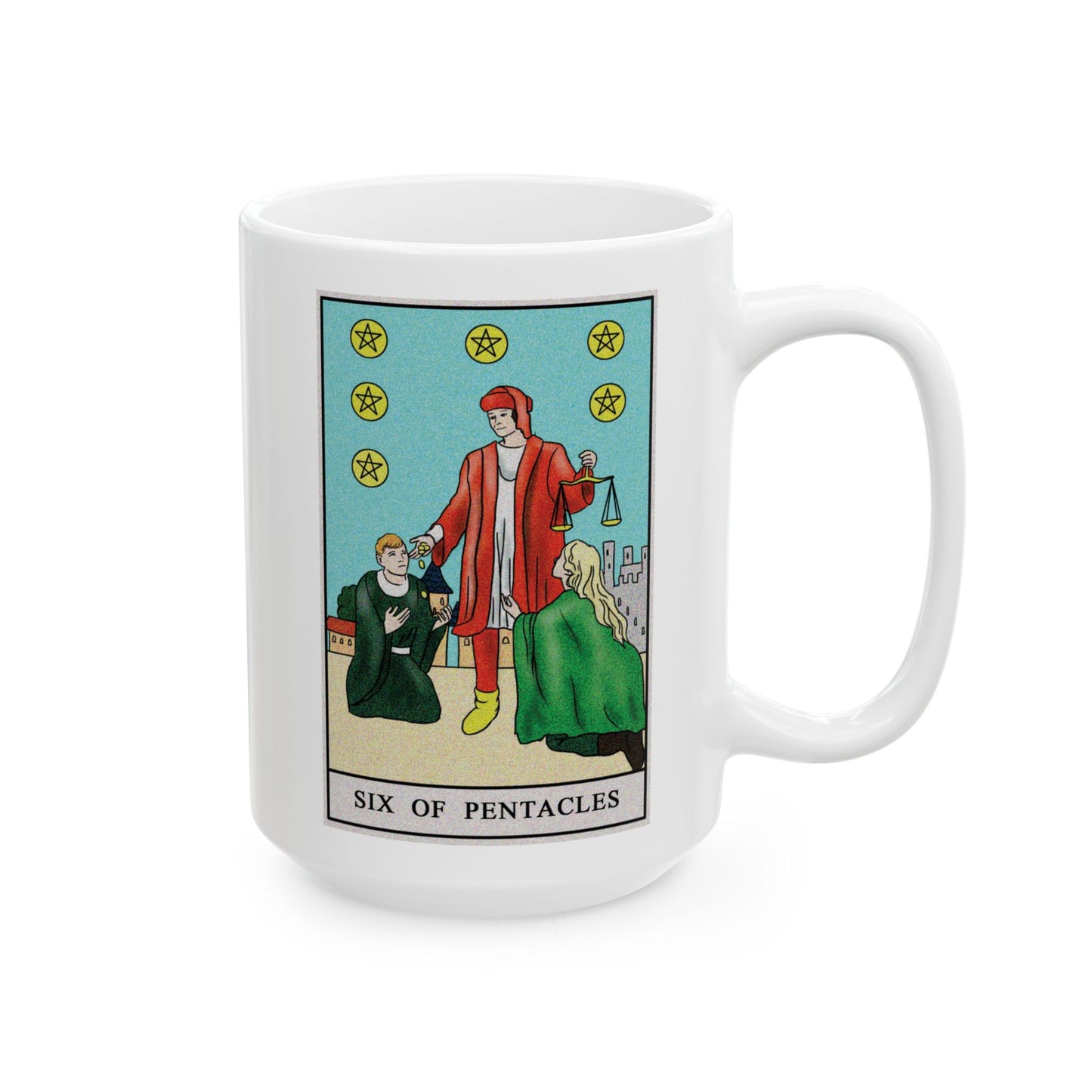 Six of Pentacles Tarot Card Coffee Mug - Double Sided White Ceramic 15oz by TheGlassyLass.com
