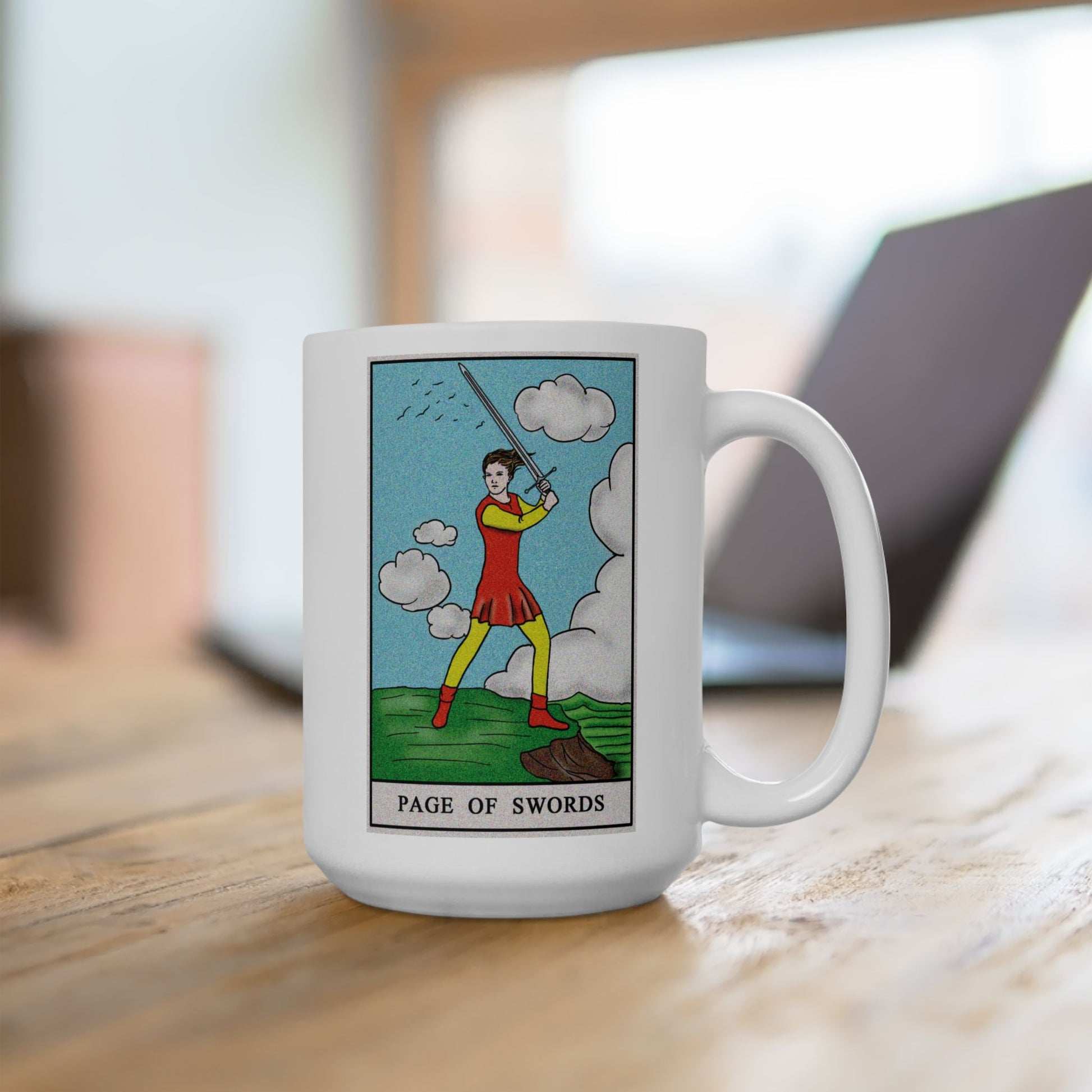 Page of Swords Tarot Card Coffee Mug - Double Sided White Ceramic 15oz by TheGlassyLass.com
