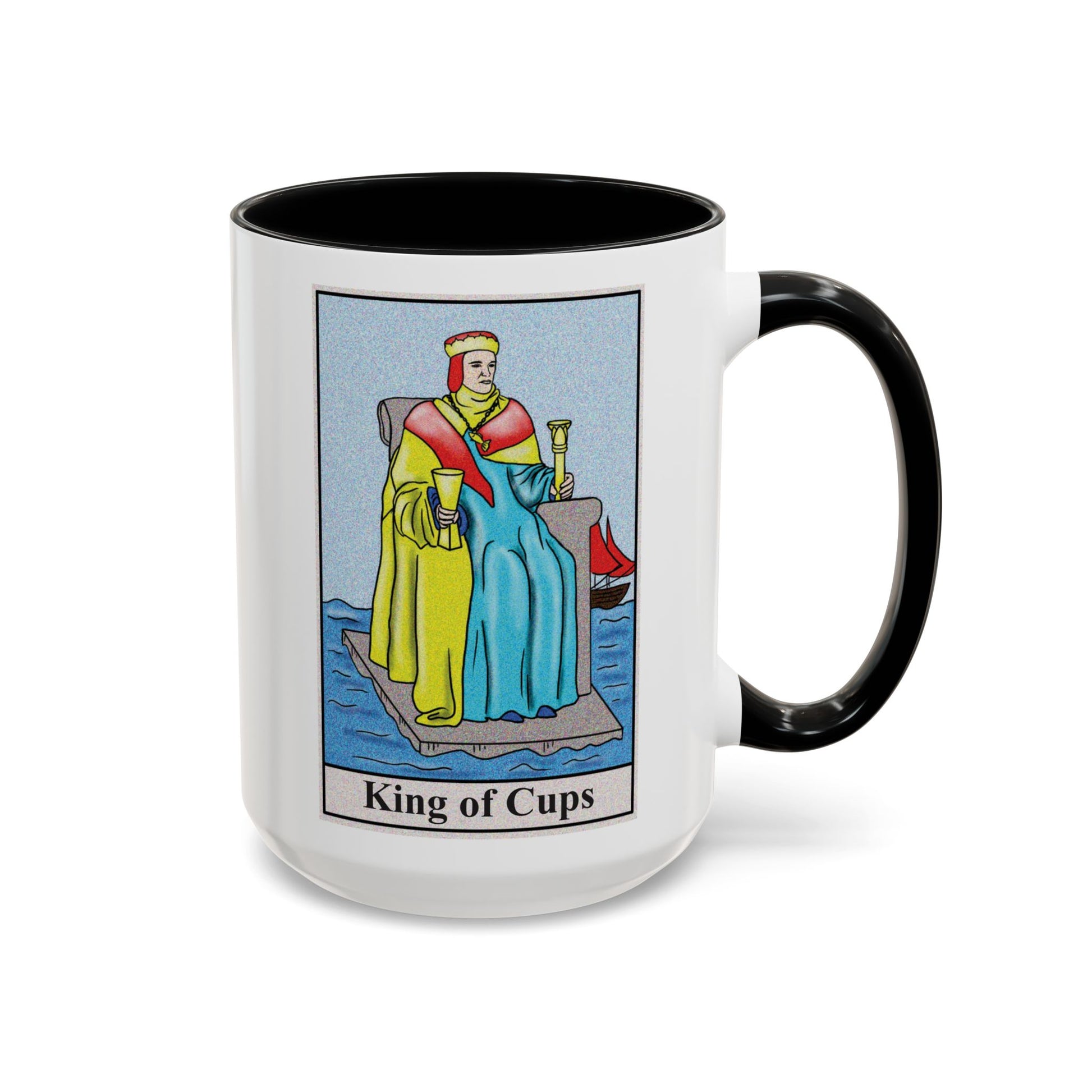 King of Cups Tarot Card Coffee Mug - Double Sided Black Accent White Ceramic 15oz by TheGlassyLass.com