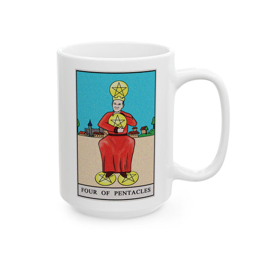 Four of Pentacles Tarot Card Coffee Mug - Double Sided White Ceramic 15oz by TheGlassyLass.com