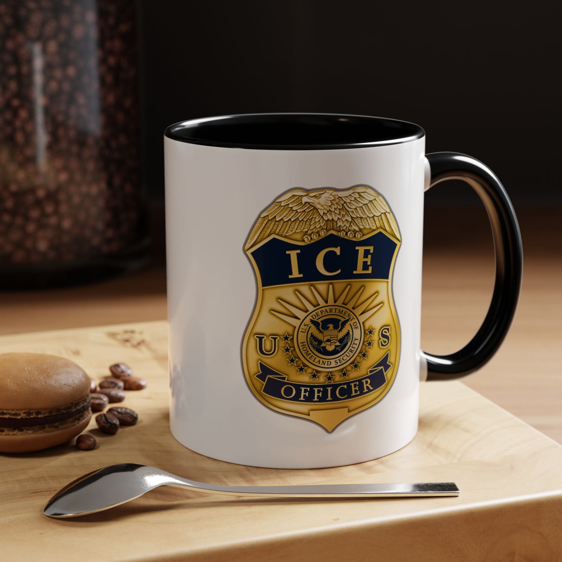 ICE Immigration and Customs Enforcement Badge Coffee Mug - Double Sided Black Accent White Ceramic 11oz by TheGlassyLass.com