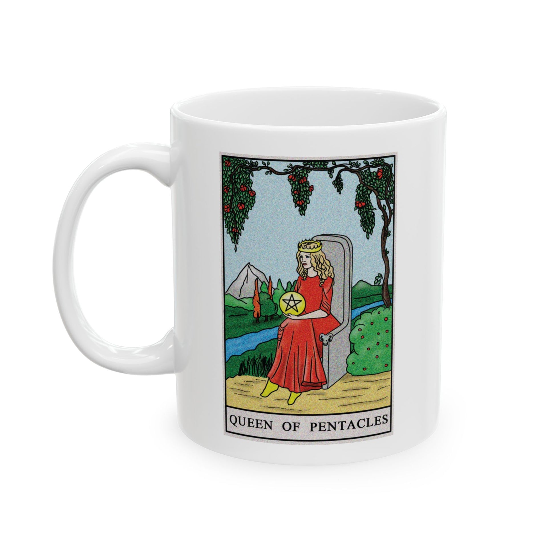 Queen of Pentacles Tarot Card Coffee Mug - Double Sided Print, White Ceramic, 11oz by TheGlassyLass.com
