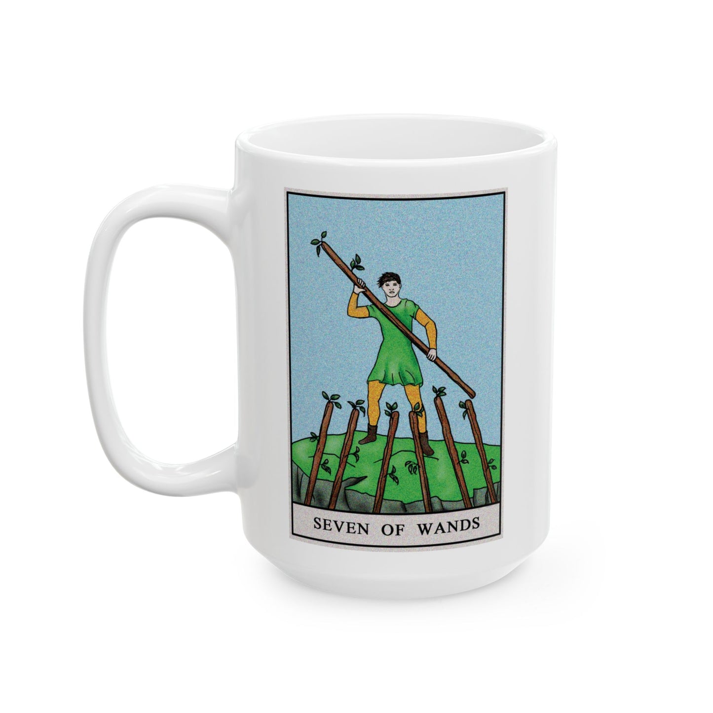 Seven of Wands Tarot Card Coffee Mug - Double Sided White Ceramic 15oz by TheGlassyLass.com