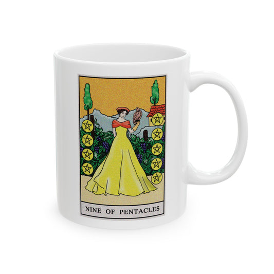 Nine of Pentacles Tarot Card Coffee Mug - Double Sided Print, White Ceramic, 11oz by TheGlassyLass.com