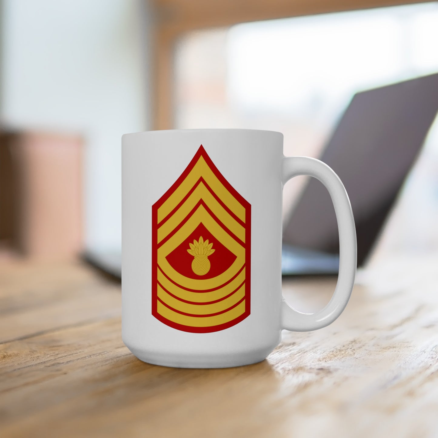 United States Marine Corps Master Gunnery Sergeant (E-9) Chevron Coffee Mug - Double Sided White Ceramic 15oz - by TheGlassyLass.com