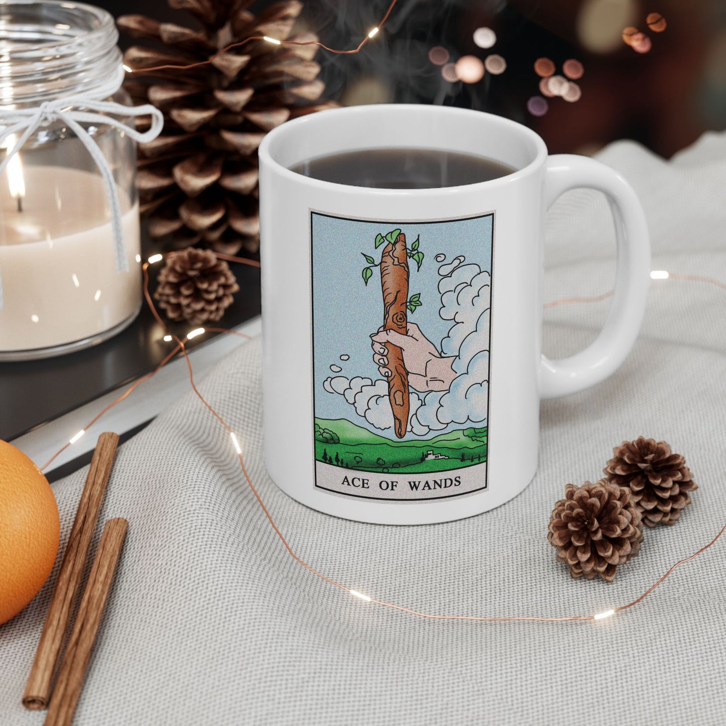 Ace of Wands Tarot Card Coffee Mug - Double Sided Print, White Ceramic, 11oz by TheGlassyLass.com