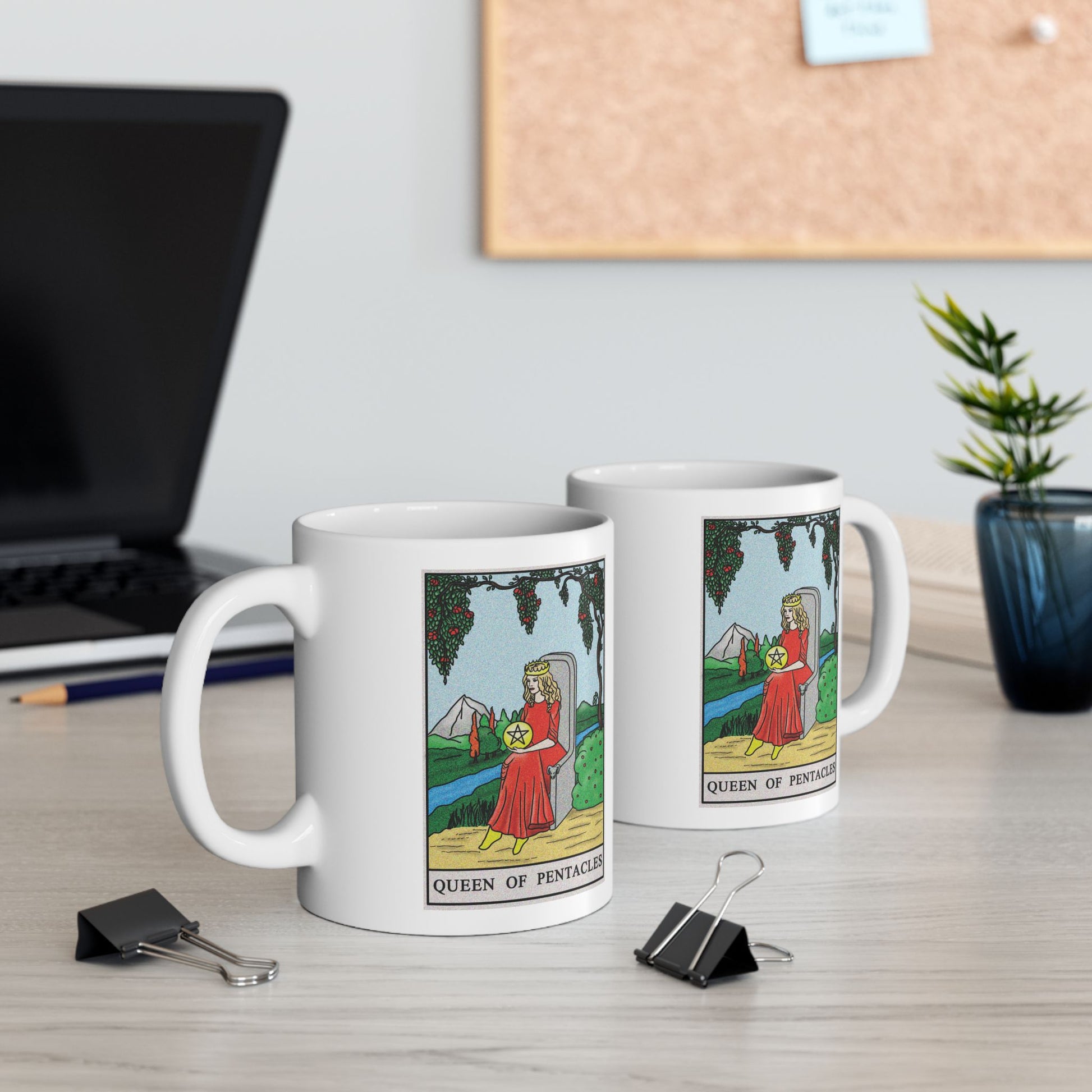 Queen of Pentacles Tarot Card Coffee Mug - Double Sided Print, White Ceramic, 11oz by TheGlassyLass.com