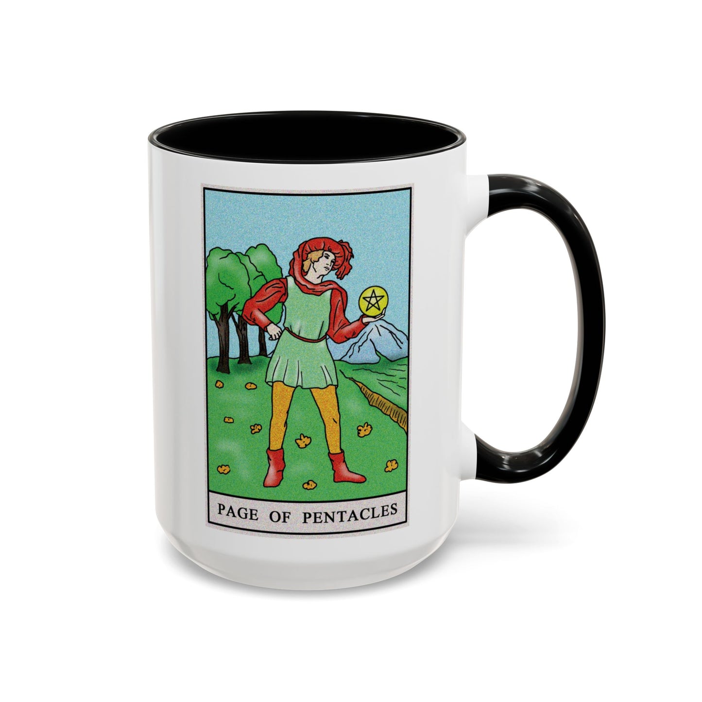 Page of Pentacles Tarot Card Coffee Mug - Double Sided Black Accent White Ceramic 15oz by TheGlassyLass.com