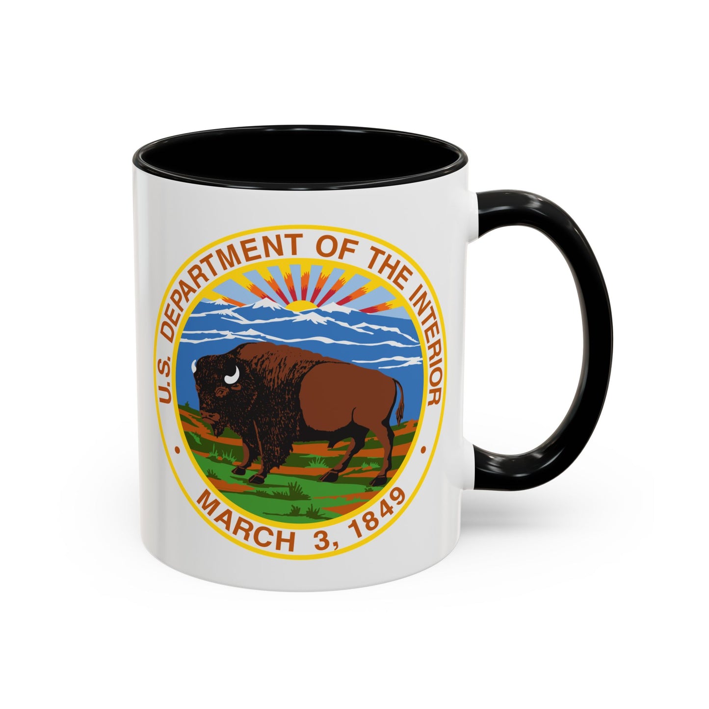 US Department of the Interior Seal Coffee Mug - Double Sided Print, Black Accent White Ceramic, 11oz by TheGlassyLass.com
