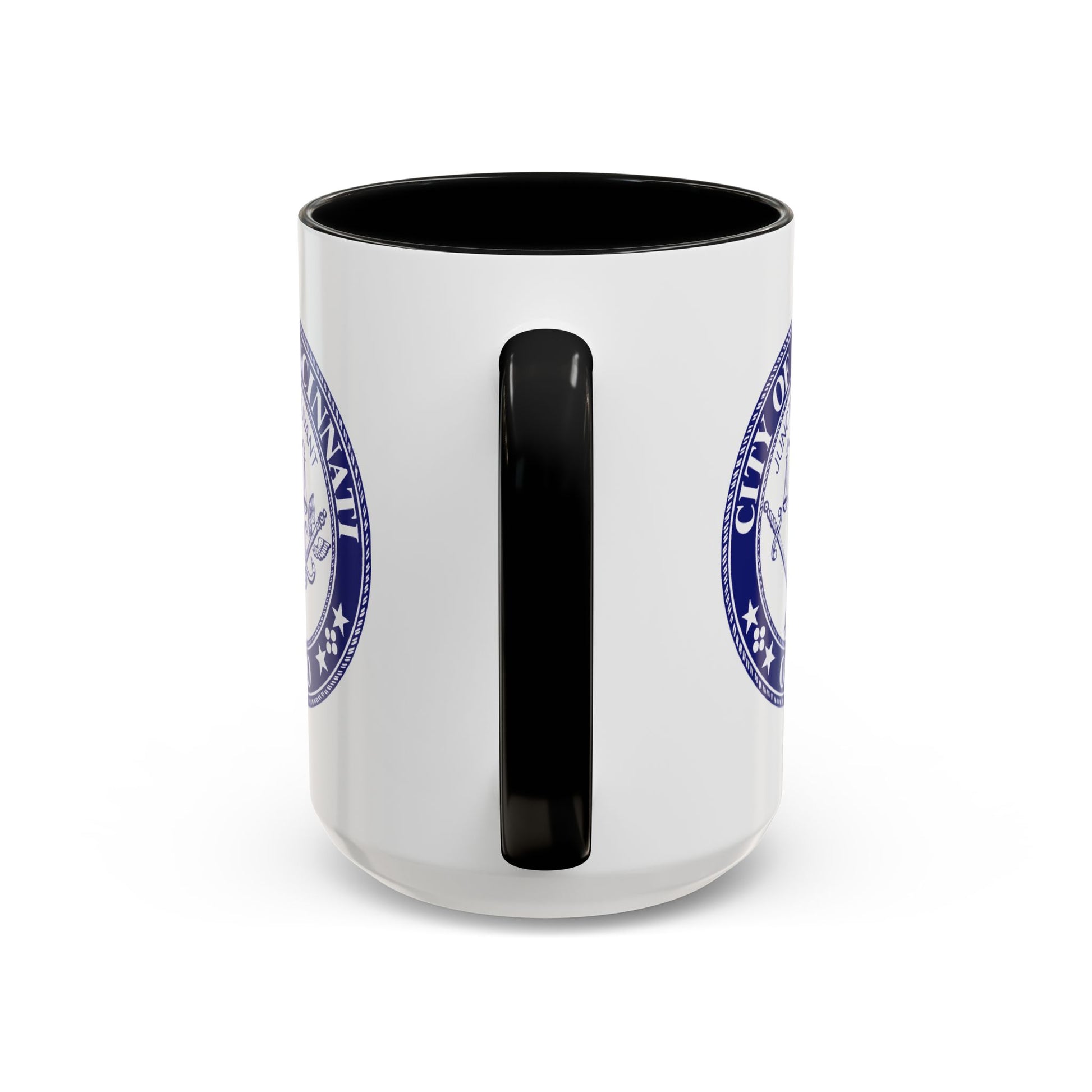 City of Cincinnati Seal Coffee Mug - Double Sided Print, Black Accent White Ceramic, 15oz by TheGlassyLass.com