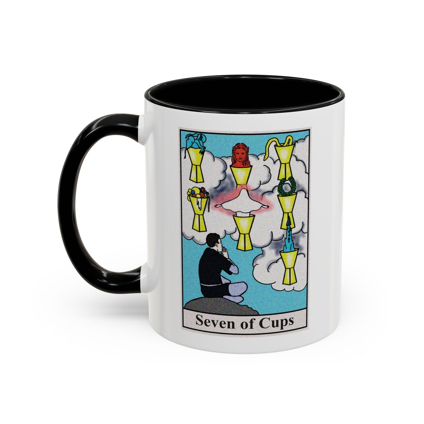 Seven of Cups Tarot Card Coffee Mug - Double Sided Print, Black Accent White Ceramic, 11oz by TheGlassyLass.com