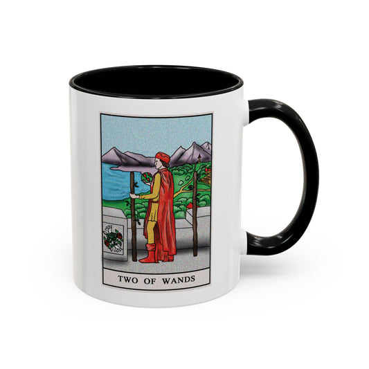 Two of Wands Tarot Card Coffee Mug - Double Sided Print, Black Accent White Ceramic, 11oz by TheGlassyLass.com