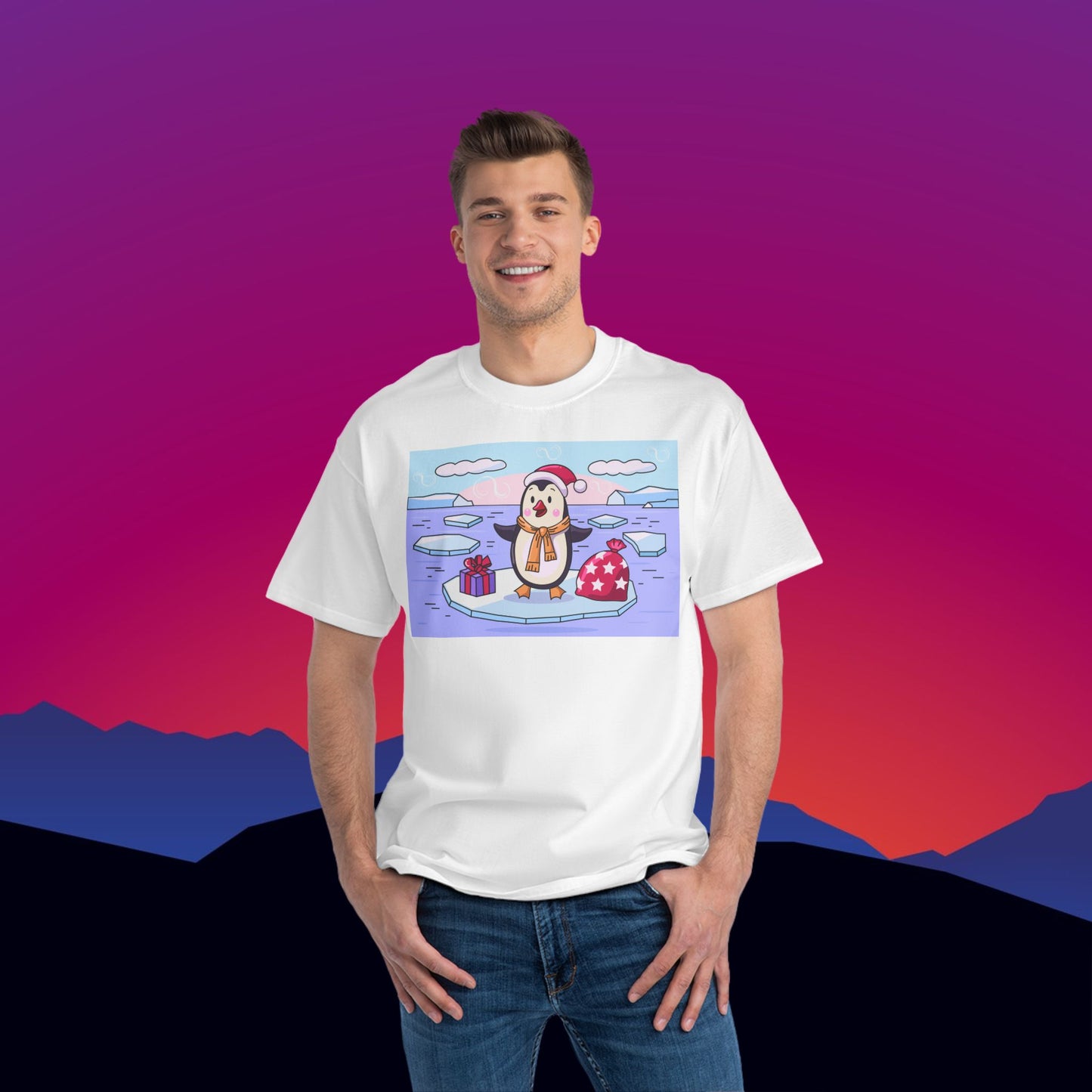 Christmas Penguin T-Shirt: (Hanes Beefy-T 100% Preshrunk Cotton Custom Printed by TheGlassyLass.com