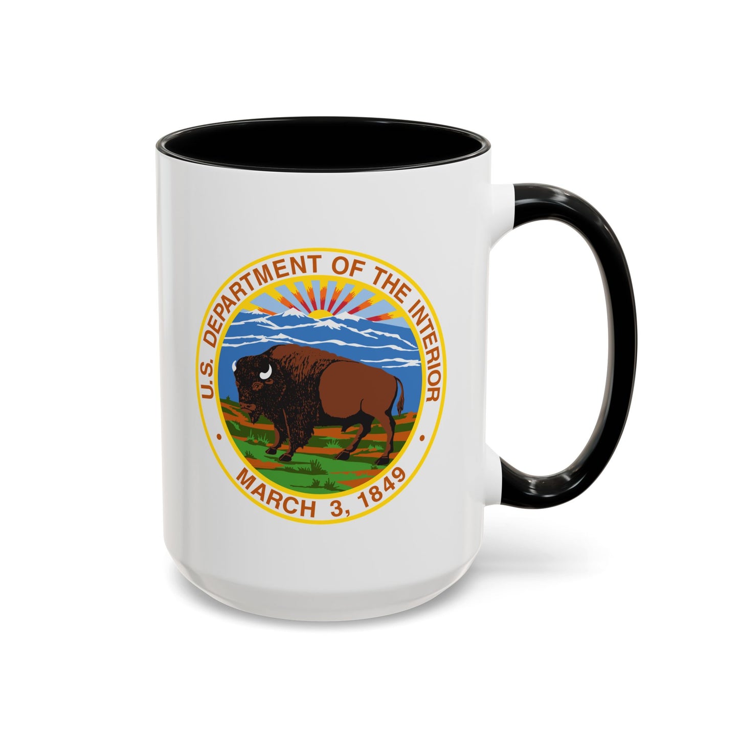 US Department of the Interior Seal Coffee Mug - Double Sided Print, Black Accent White Ceramic, 15oz by TheGlassyLass.com