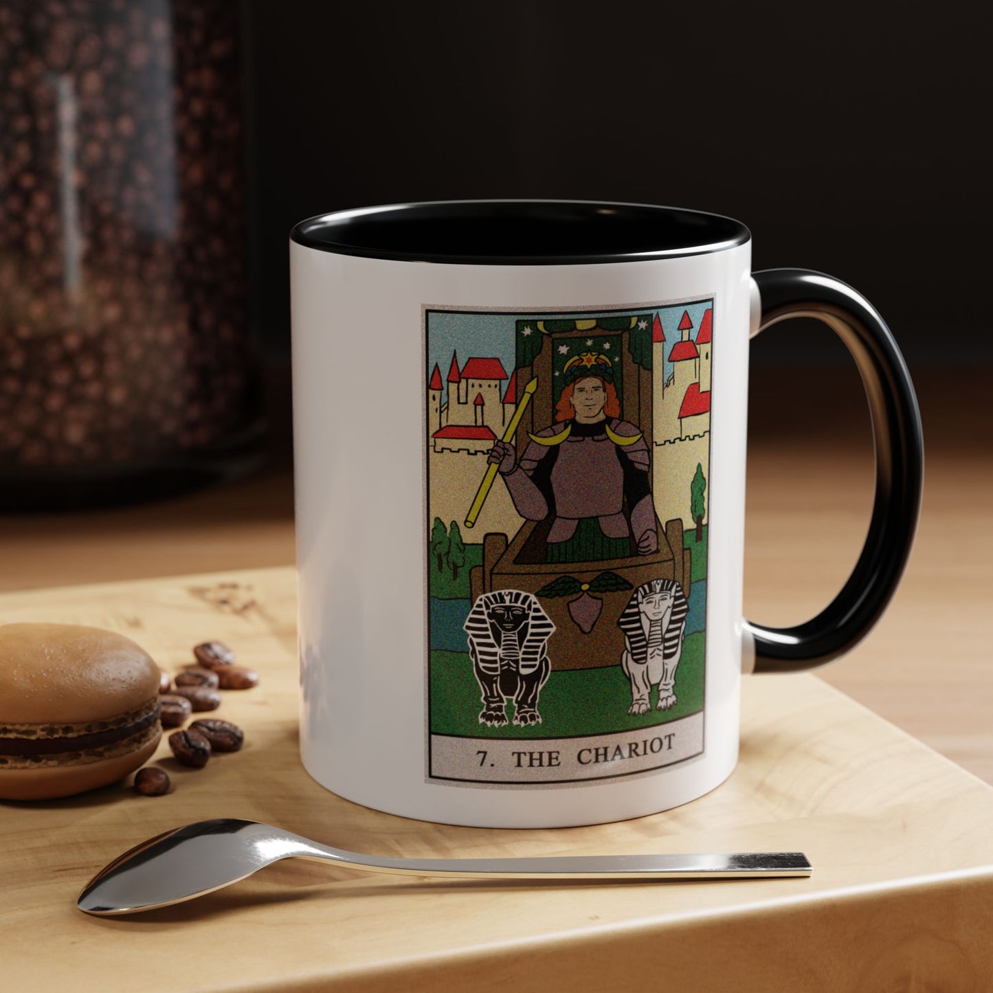 The Chariot Tarot Card Coffee Mug - Double Sided Print, Black Accent White Ceramic, 11oz by TheGlassyLass.com