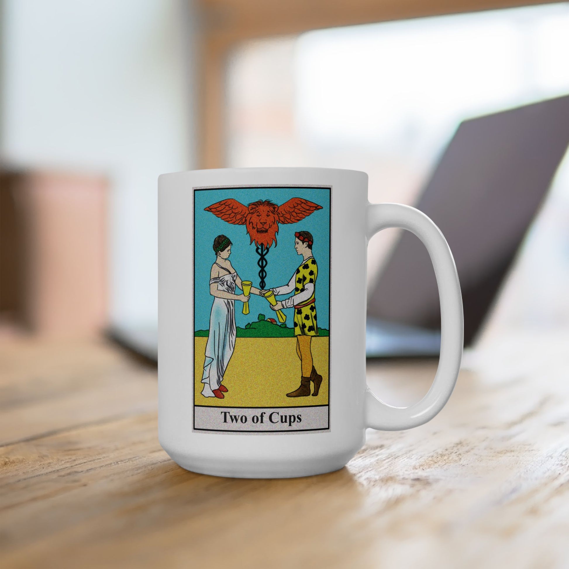 Two of Cups Tarot Card Coffee Mug - Double Sided Black Accent White Ceramic 15oz by TheGlassyLass.com