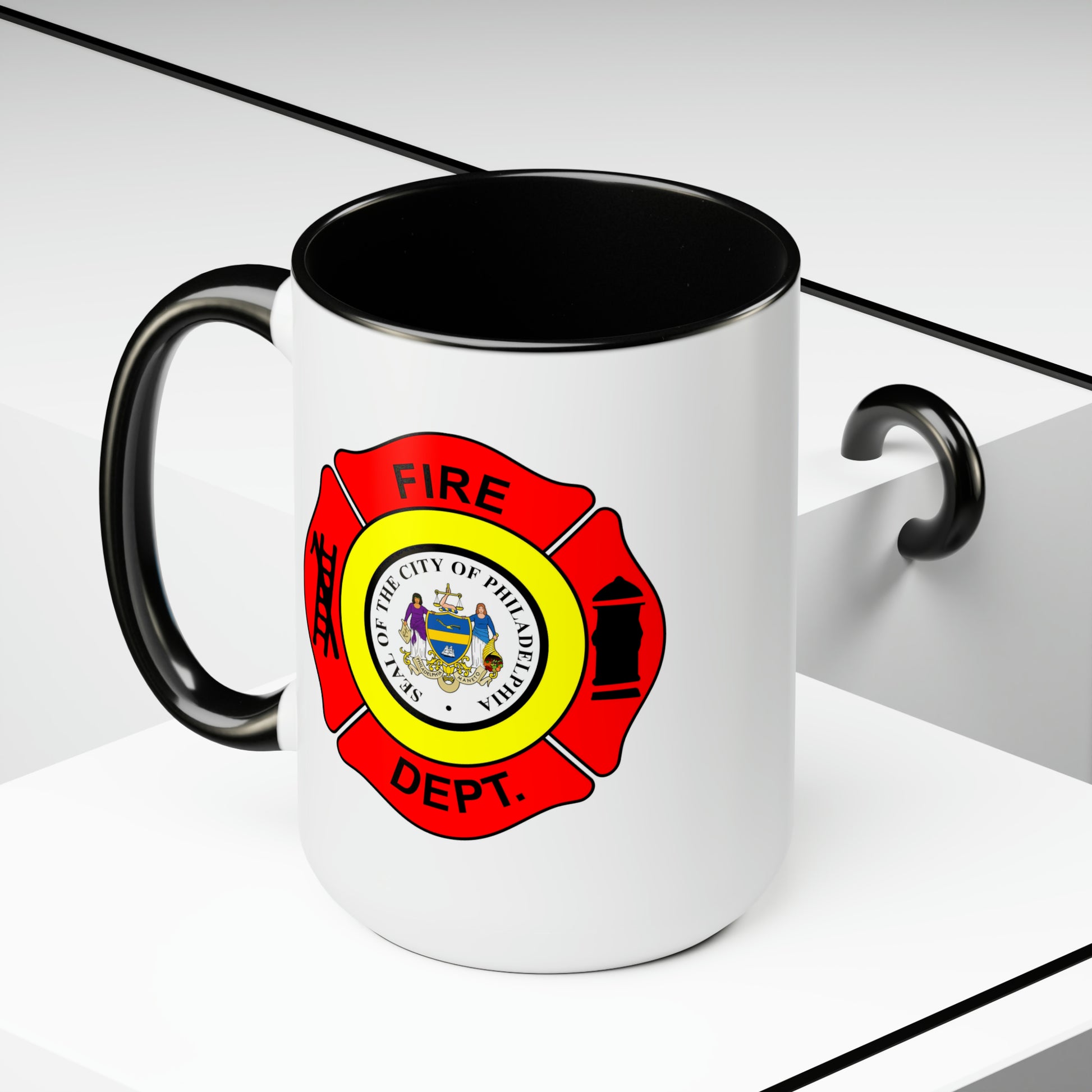 Philadelphia Fire Department Coffee Mug - Double Sided Black Accent White Ceramic 15oz by TheGlassyLass.com
